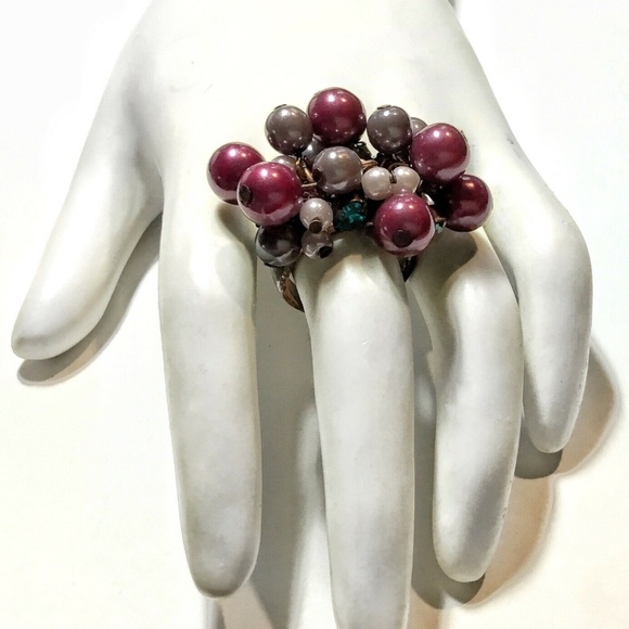 Copper Ring with Moving Faux Colored Pearls & Rhinestones - Picture 2 of 2